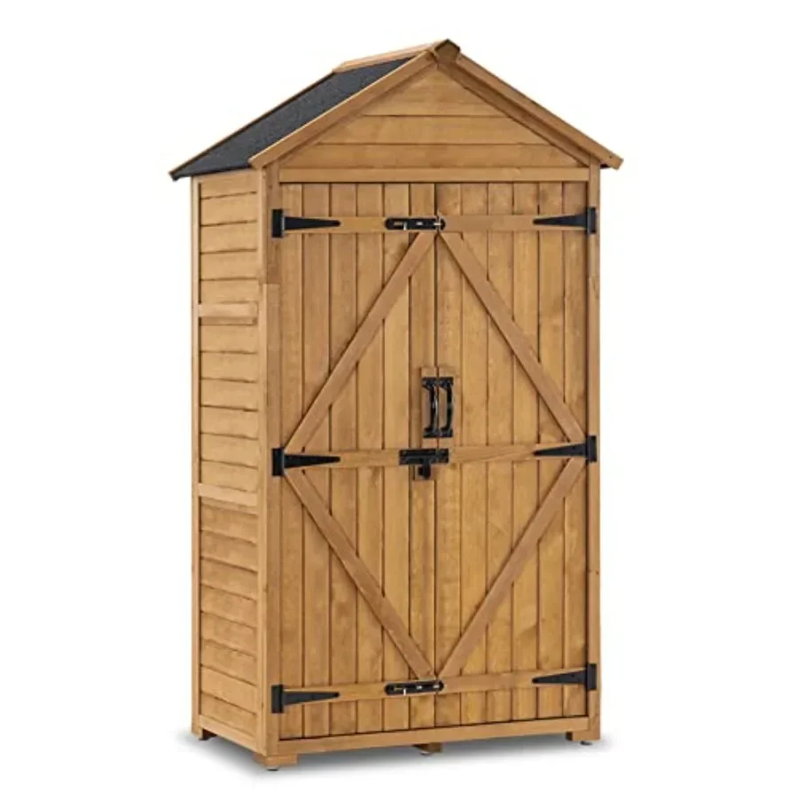Outdoor storage cabinet with 2 shelves, wooden garden tool shed with floor and latch, natural wood color for yard, deck, and la