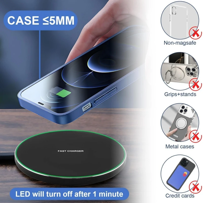 

Быстрая беспроводная зарядная панель 15 Вт для iPhone 12/13/14/15/16, быстрое беспроводное зарядное устройство для Samsung Galaxy S24/S23/S22, Note10/Note20