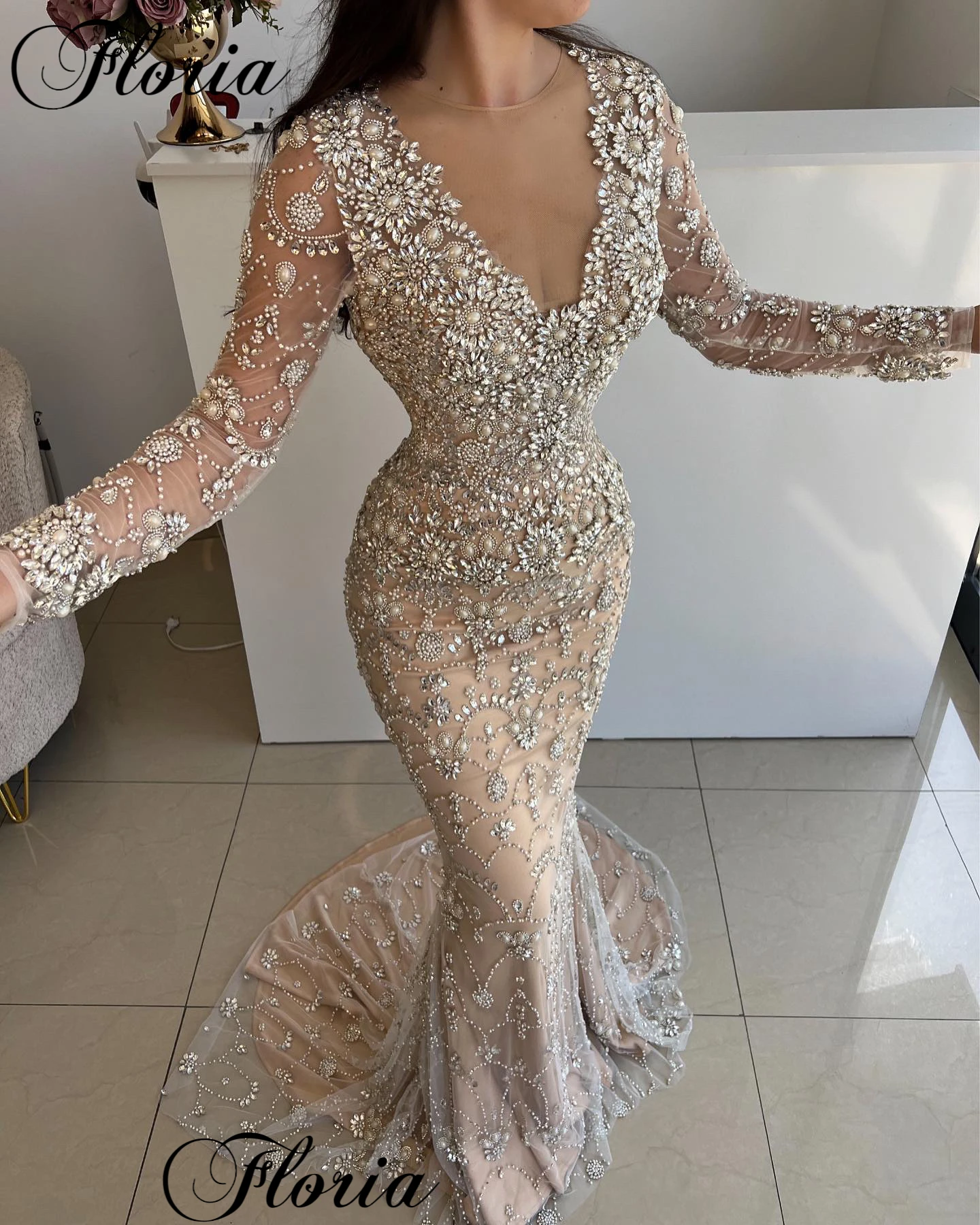 

Luxury Heavy Handmade Celebrity Dresses Mermaid Long Sleeves Evening Gowns With Crystals Vestidos De Noche Formal Occasion Gowns