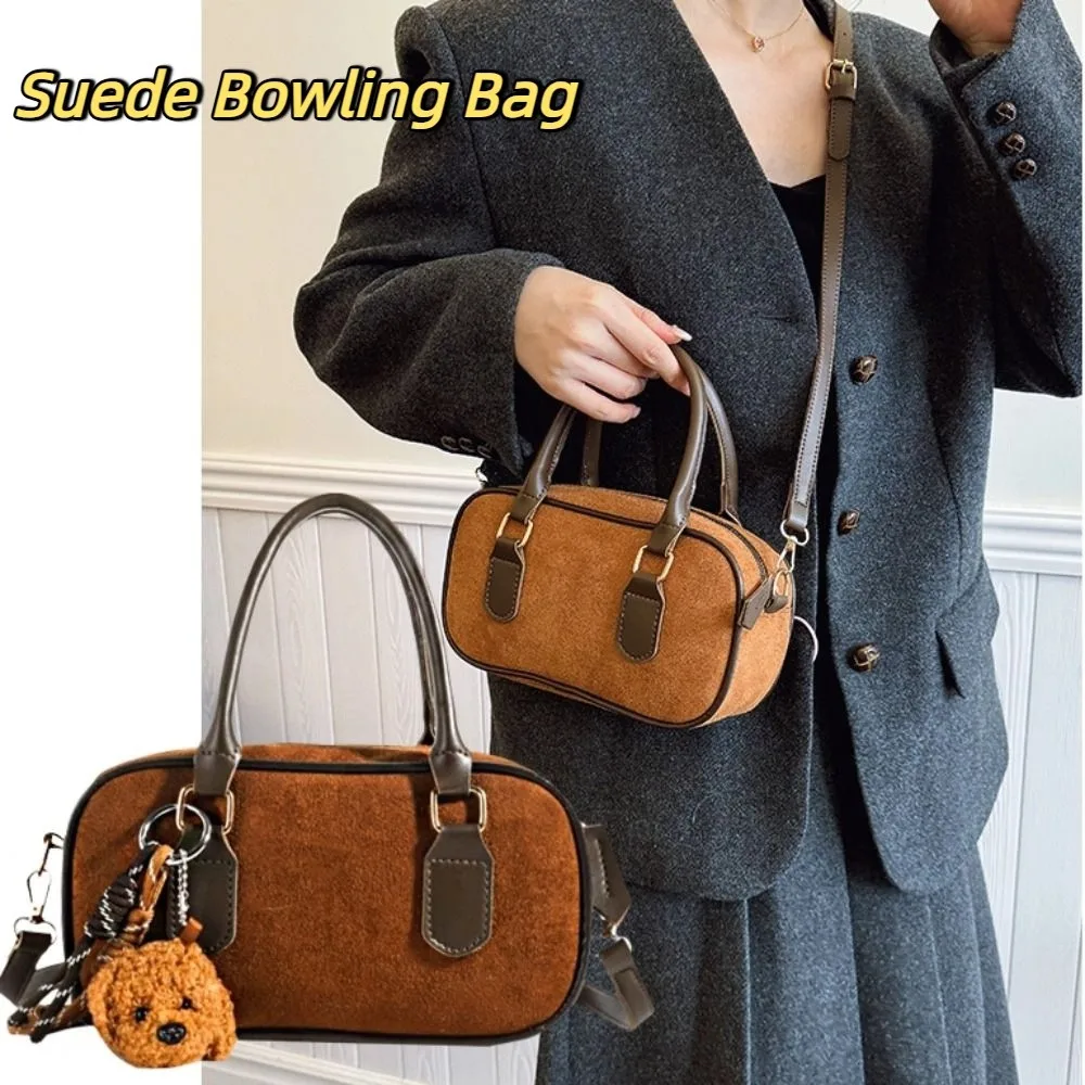 

Fashion PU Leather Suede Bowling Bag Handbag Korean Style PU Boston Bag Large Capacity Solid Color Small Square Bag Travel