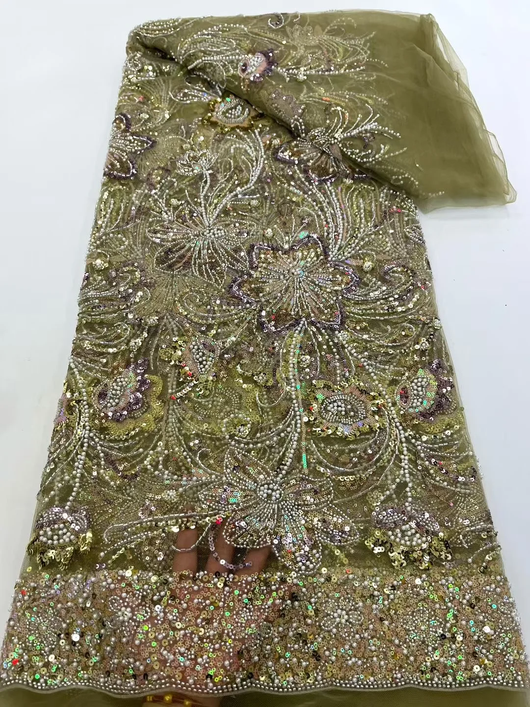 

New Dubai Drystal Beaded Fabric 2025 Gold Fabric Embroidery French Lace Fabric High Quality 5 Yards Wedding Lace Fabrics