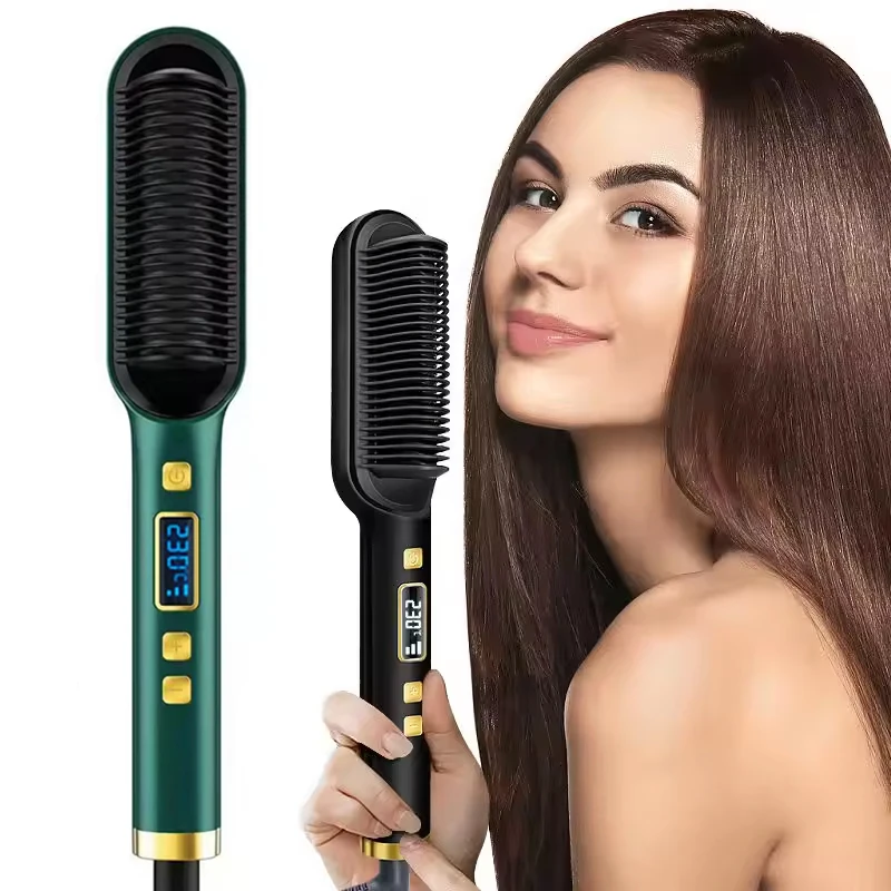 

Portable LED Display Ceramic Electric Hair Straightener & Curler Brush Fast Heat with LCD Temperature Display Straight Hair Comb