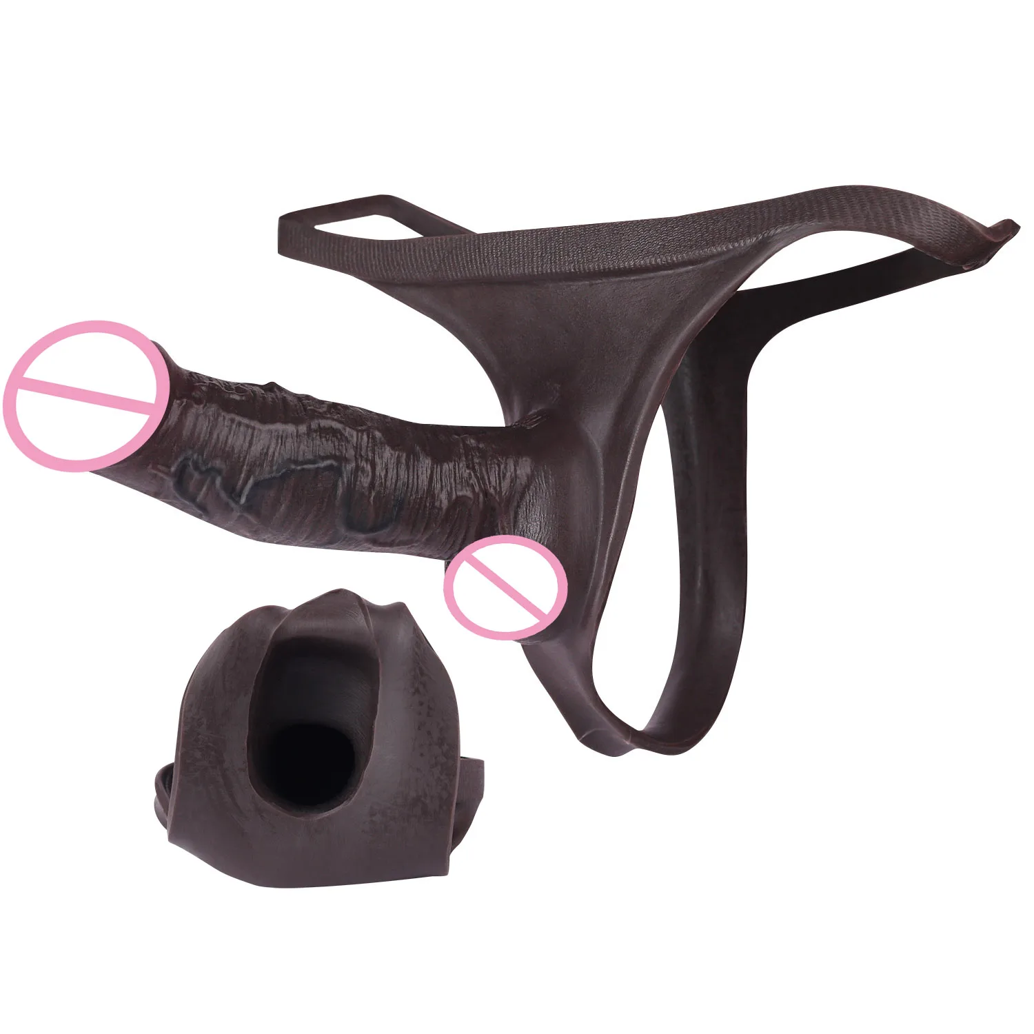 FAAK Strap On Harness Hollow Dildo Panties Silicone Black Thongs For Transgender Realistic Penis Enlarge Sleeve Sex Toy For Men