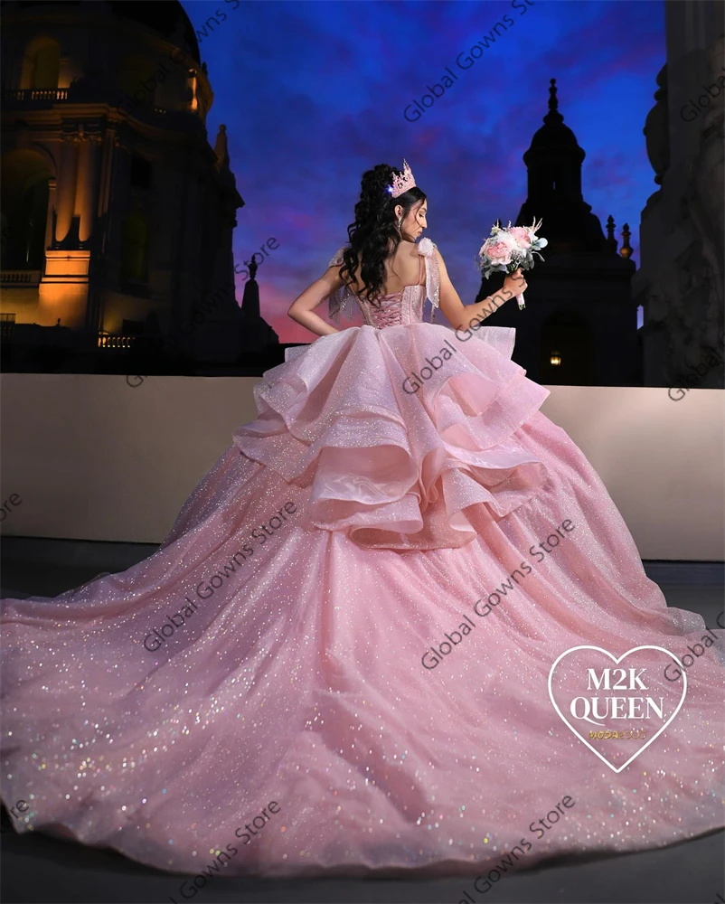 Mexico Pink Sweetheart Ball Gown Quinceanera Dresses For Girls Beaded Tiered Celebrity Party Gowns Sweet 15 16 Customized