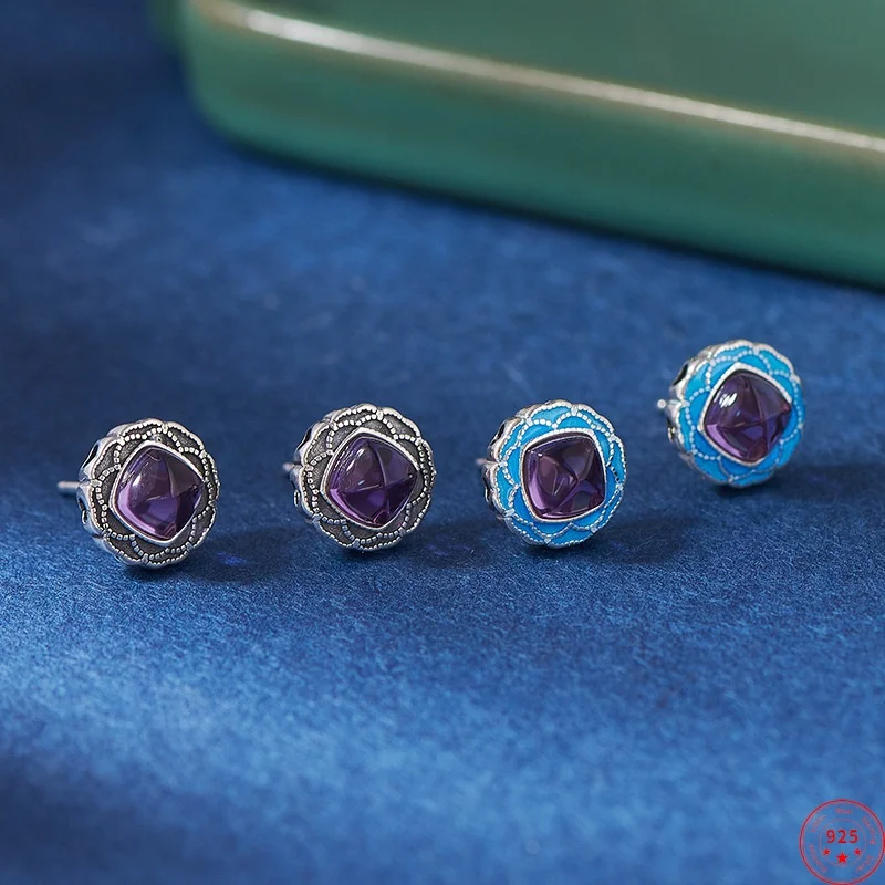 

S925 Sterling Silver Studs Earrings for Women New Fashion Cloisonne Flowers Inlaid Amethyst Ear-studs Jewelry Free Shipping