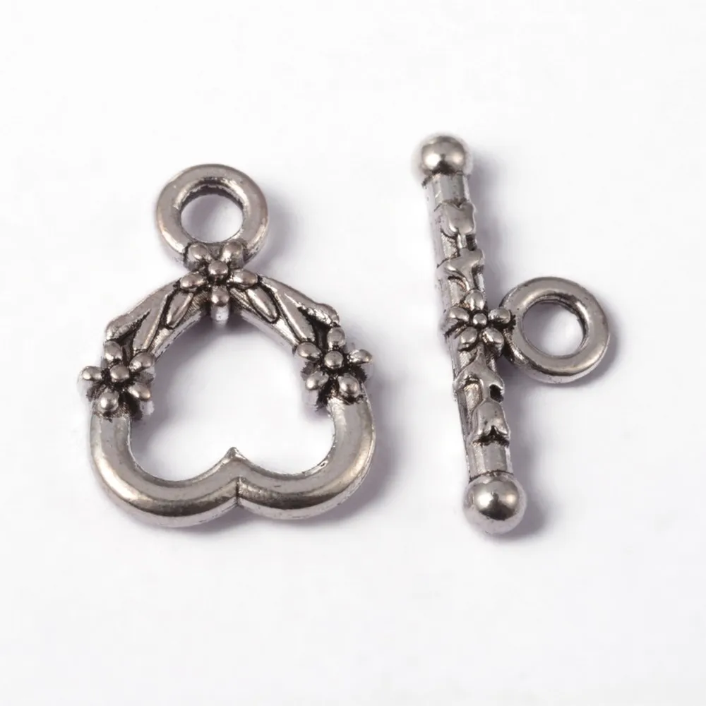 5 Set Cincin Konektor Hati Bunga Penutup Ujung Toggle Gesper PL Perak Antik untuk Aksesori Pembuatan Perhiasan Kalung Gelang DIY