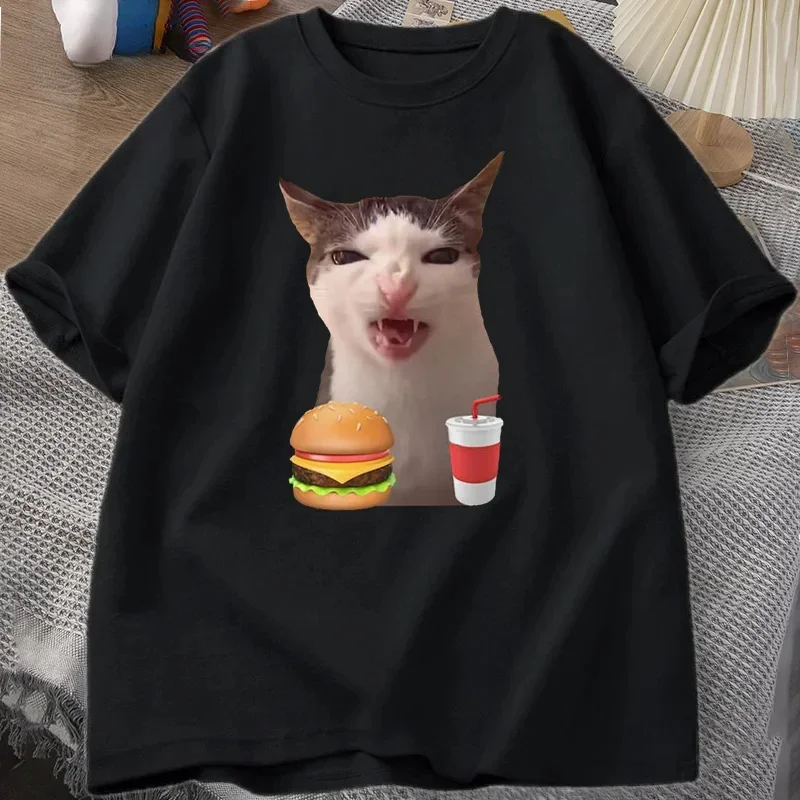 Chat croquant nourriture Meme T-shirt femmes hommes idiot t-shirts drôle chat mangeant T-Shirt à manches courtes t-shirts graphiques Streetwear