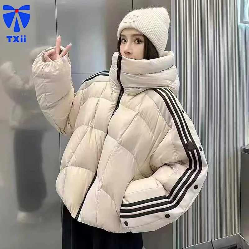 TXii 2024 New Trendy Brand Down Jacket for Women, High end Thickened with Hat Splicing, 90 Velvet White Duck Velvet Warm Coat