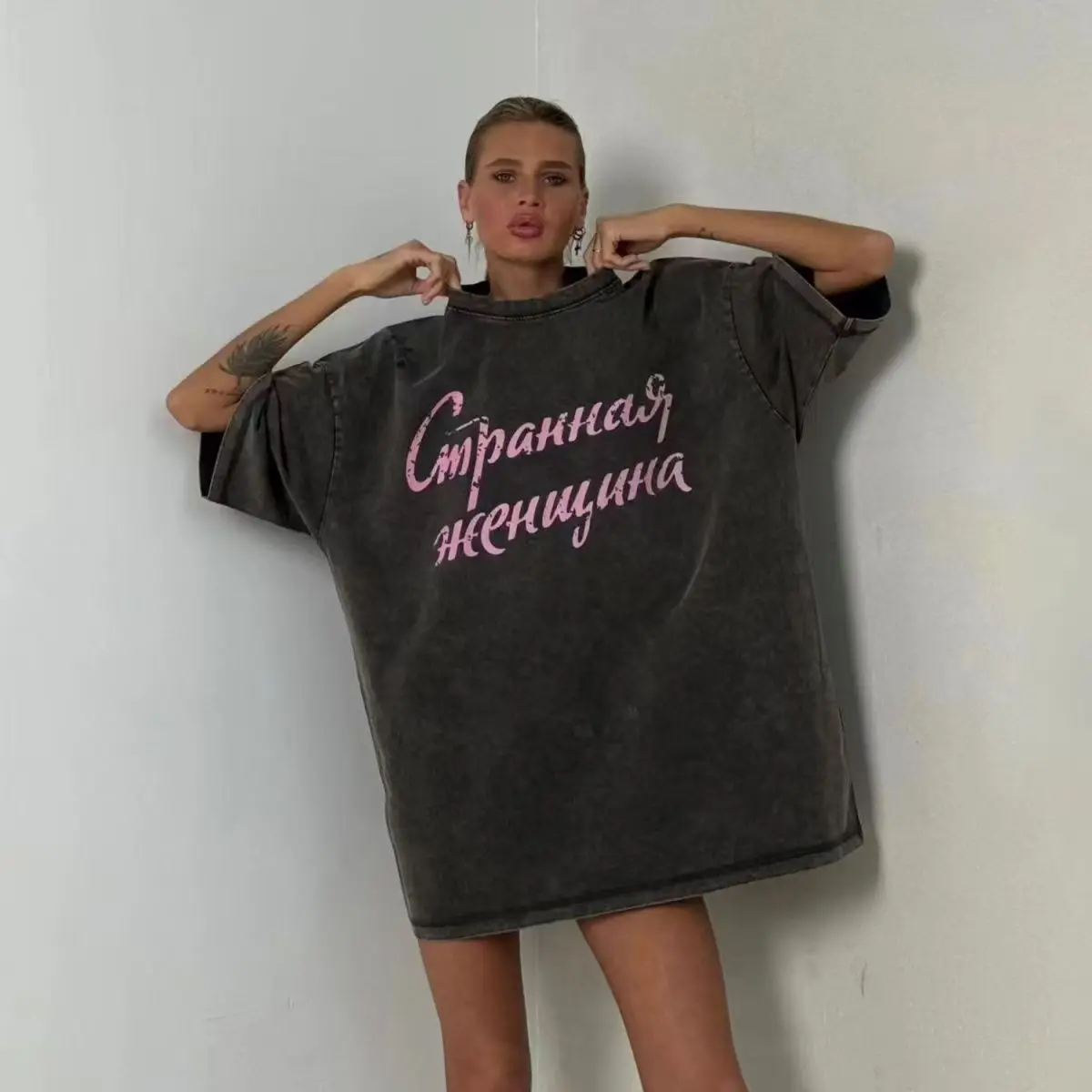 Black Washed T Shirt Women Vintage Cotton T-shirts Streetwear Soft Mineral Tees Girl Loose Letter Print Tops Y2k Russian Fashion view 4