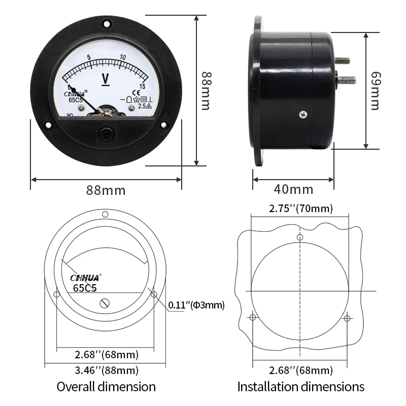 65C5 DC Anlog Voltmeter 1V2V3V5V10V15V20V30V40V50V100V150V200V250V300V400V450V500V voltage panel meter