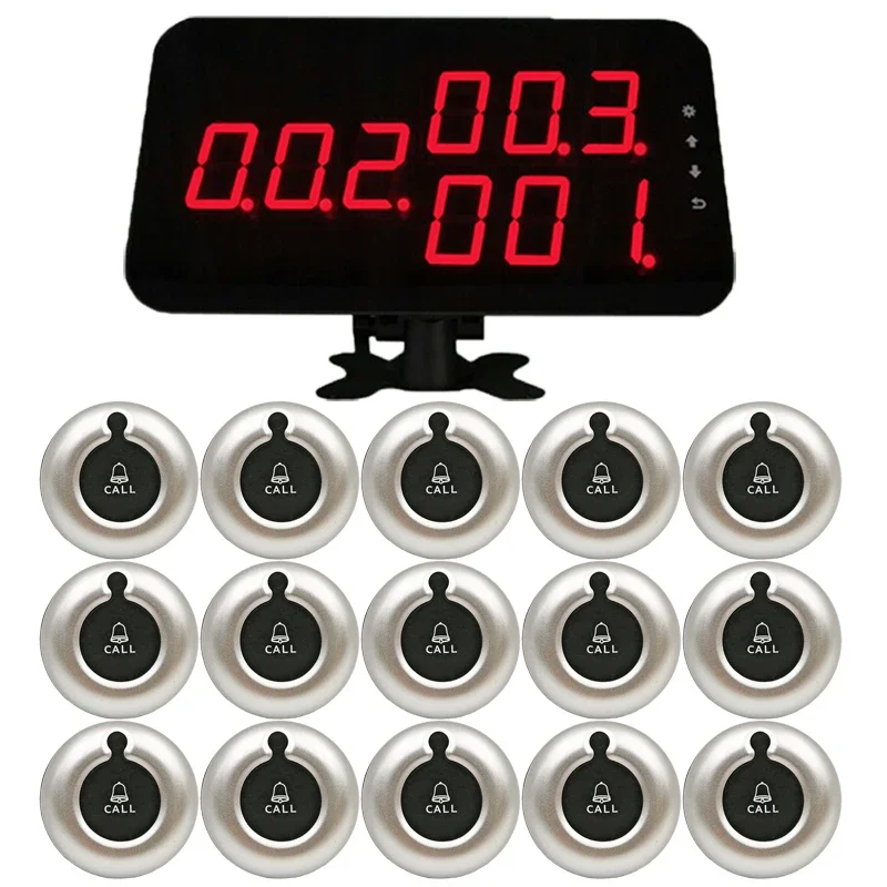 

433Mhz Table Service Call Button Restaurant Wireless Waiter Call System 1 Display Receiver 15 Transmitters