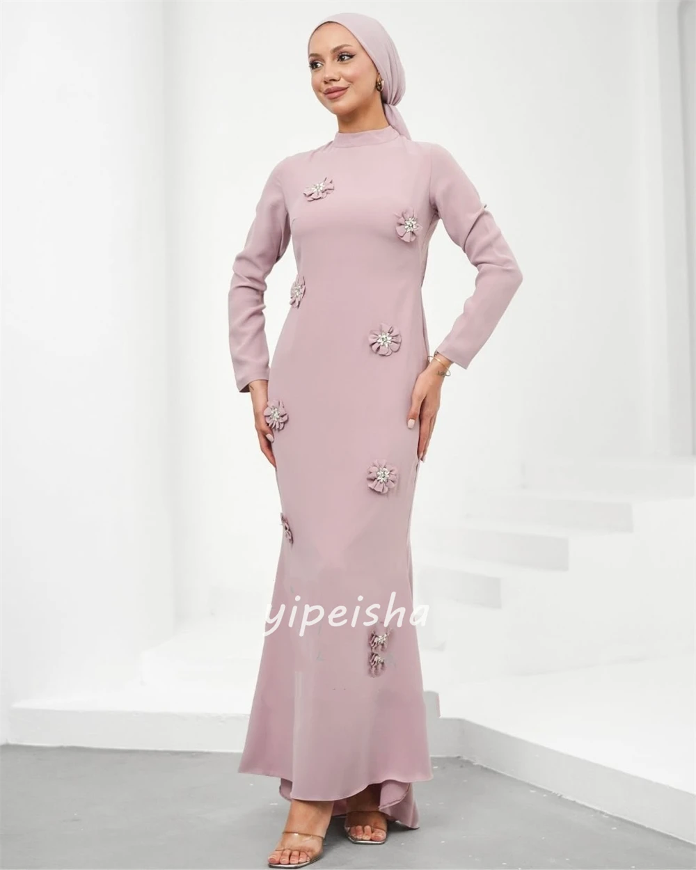 Personalizado clássico jérsei artesanal flor cristal vestidos de baile arábia saudita gola alta mangas compridas sereia vestidos de noite