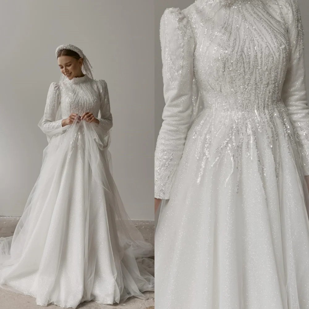 

Customized Temperament White Organza High Collar Long Sleeves Wedding Dress Elegant Chapel Train Sequined A-Line Bridal Gowns