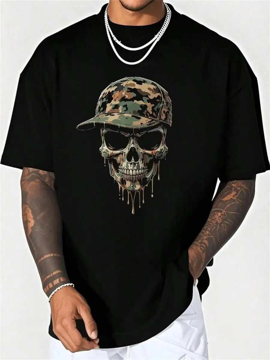 Men's Plus Size Gifs Camo Skull Wih Cap Graphic, Black 100% Cotton Trendy Y2K Short-Sleeve Tee-Soft, Quick-Drying, Moisture-Wicking; Ideal for Sports or Casual Wear; Great Gift for Christmas or Halloween