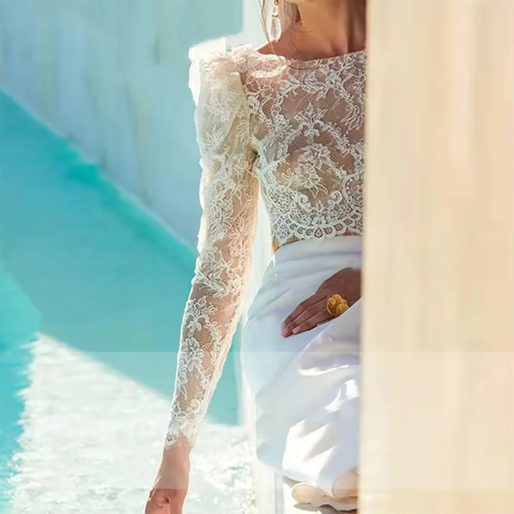 LSYX Customized Boho 2 Pieces Lace Long Puff Sleeves Wedding Dresses High Side Slit O-Neck Backless Sweep Train Illusion 2026 image 4