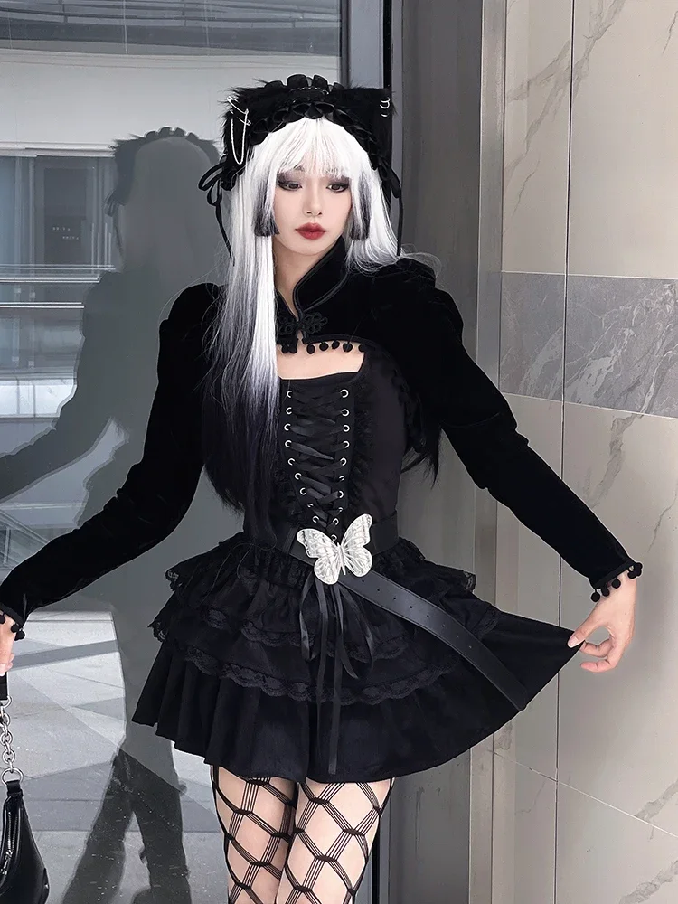 Court Style Dark Gothic Harajuku Aesthetic High Waist Slim Short Skirt and Coat Top Three Piece Sets Womens Outifits  Autumn New