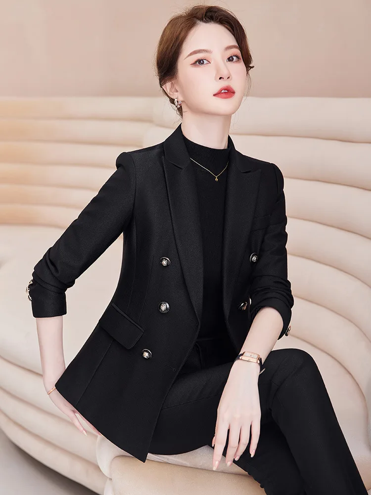 Fashion Pant Suit Women Business Work Wear Double Breasted Blazer And Trouser Black Red Green Formal 2 Piece Set With Pocket