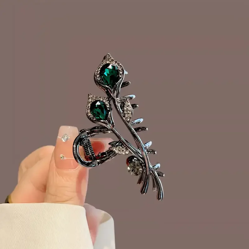 Elegant Retro Style Tulip Hair Claws - Medium Size, Alloy Inlaid with Rhinestones, Suitable for Ponytail and High Bun Hairstyles
