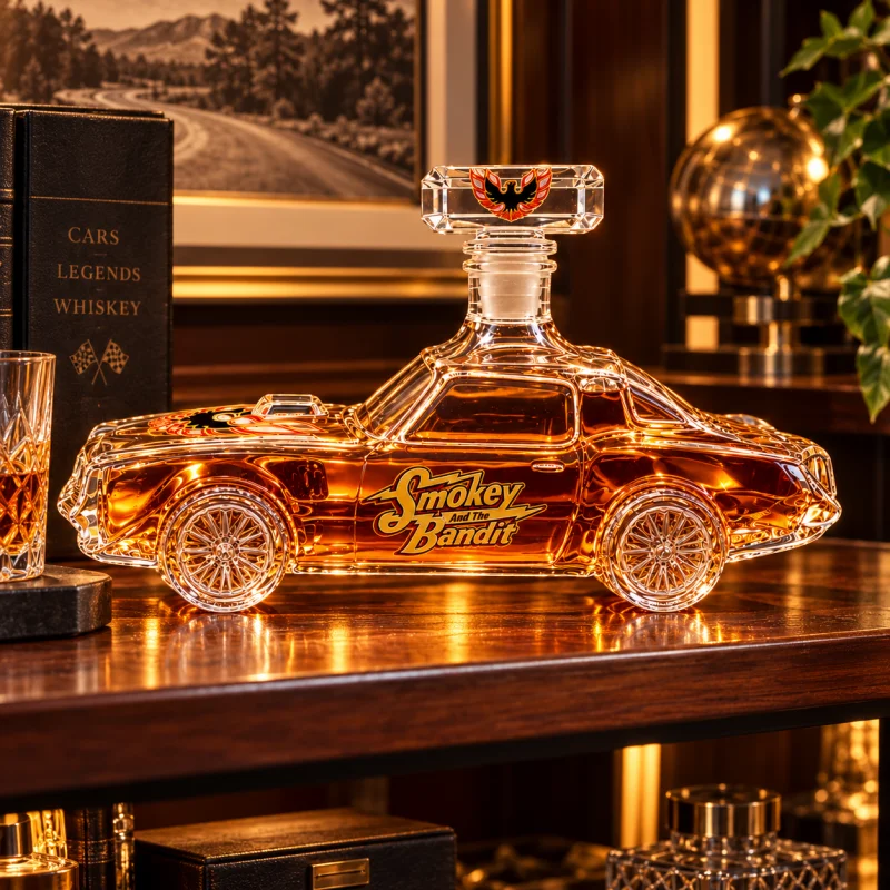 Vintage Muscle Car Glass Whiskey Decanter Smokey and the Bandit Inspired Liquor Bottle for Home Bar Decor and Collectors Gift