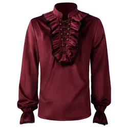 Men's Black Red Velvet Ruffled Shirt Medieval Pirate Vampire Cosplay Victorian Retro Shirts Steampunk Gothic Halloween Party Top