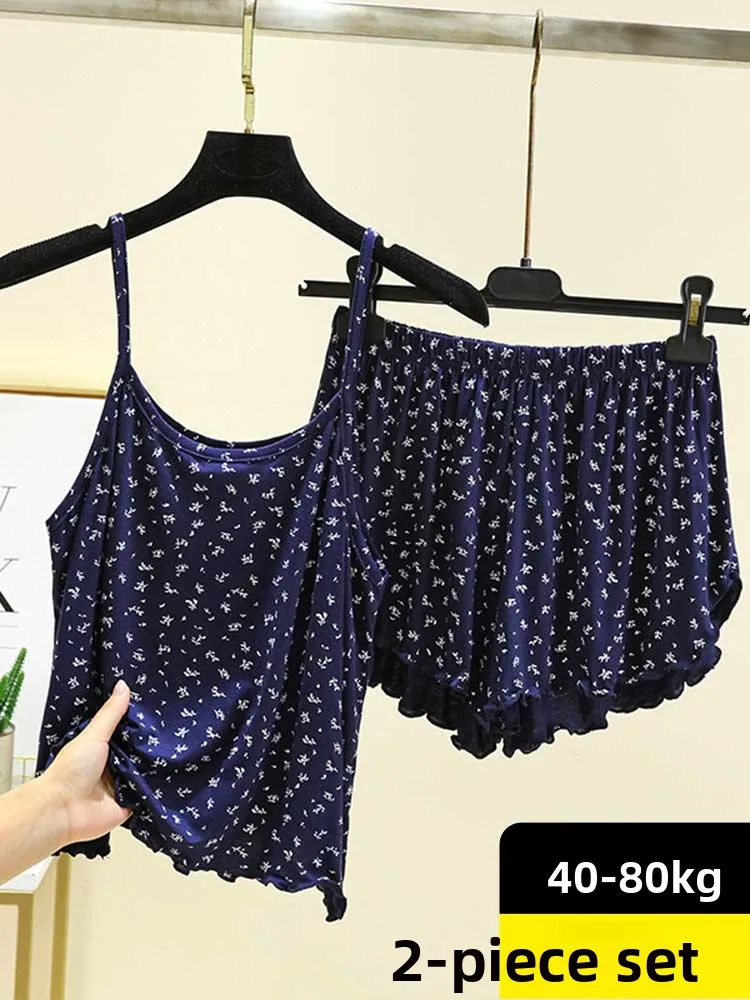 Modal Strap Short Set Women Summer Thin Floral Sleepwear Pants Outwear Large Size Beautiful Back Home Clothes Short Pants