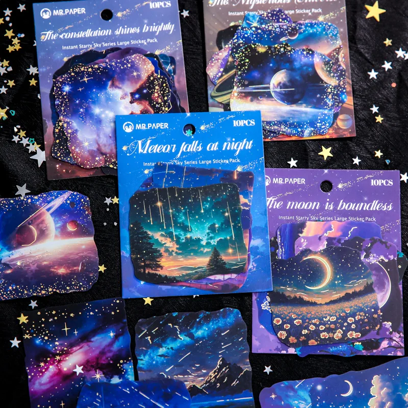 Serie de cielo estrellado instantáneo, pegatina de PET con paisaje de Luna y universo Vintage, Material creativo para diario, papelería de Collage