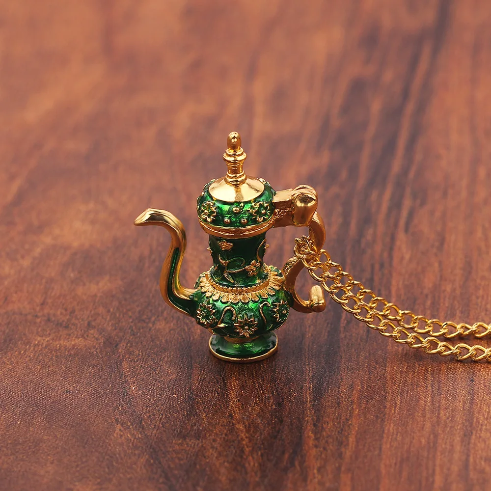 Small Green Hand-Painted Teapot Pendant Necklace Can Open Women Collar Long Chain Enamel Creative Gift Mystical Flagon Fashion