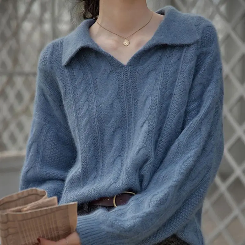 

Flip Collar Twisted Pattern Knitted Sweater Female Commuter Outerwear Women's Long Sleeves Clothes Solid Color Knitted Pullover