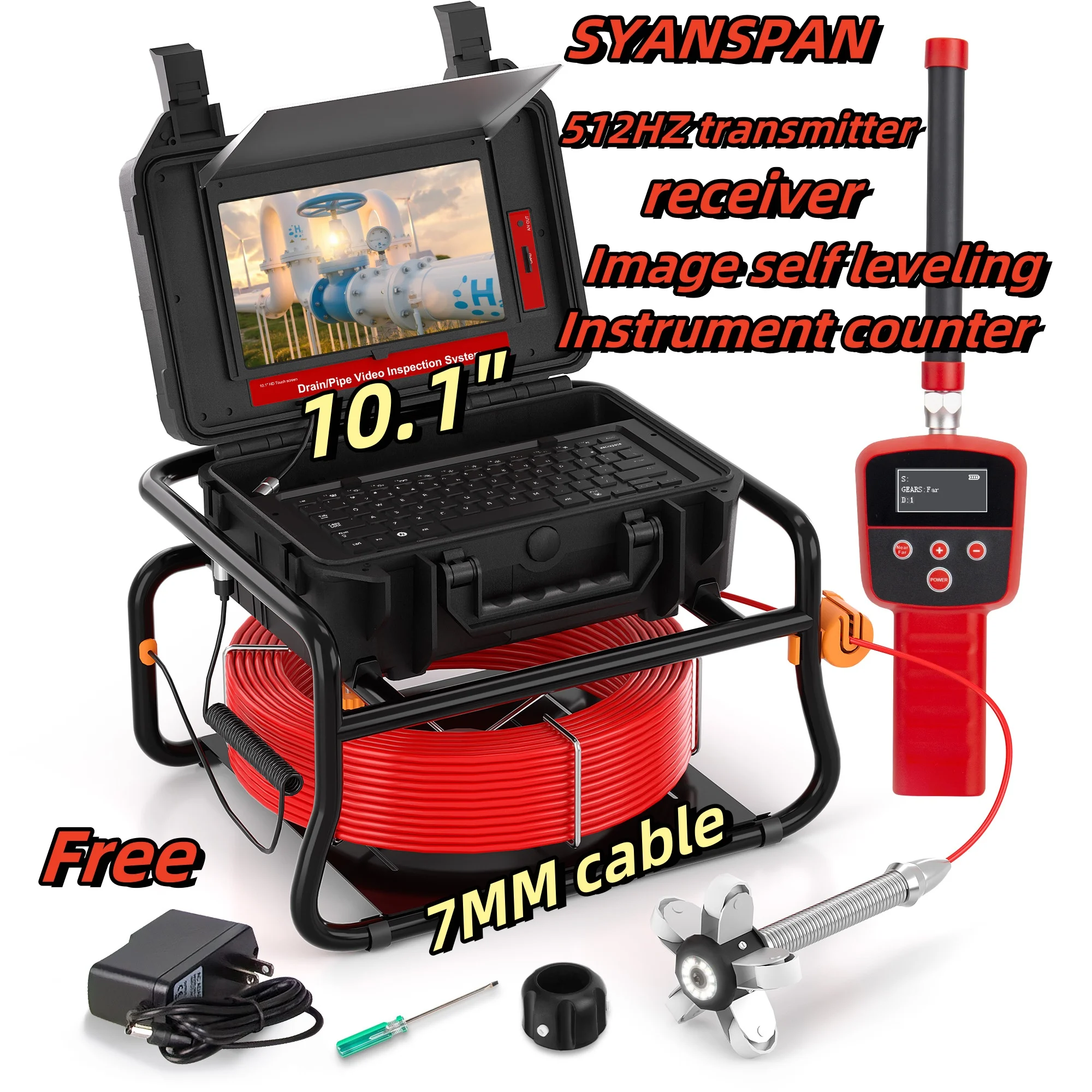 SYANSPAN Pipeline inspection endoscope 512HZ Positioning+Self-leveling  10.1‘’ LCD Display Screen IP68 Waterproof  Camera 23MM