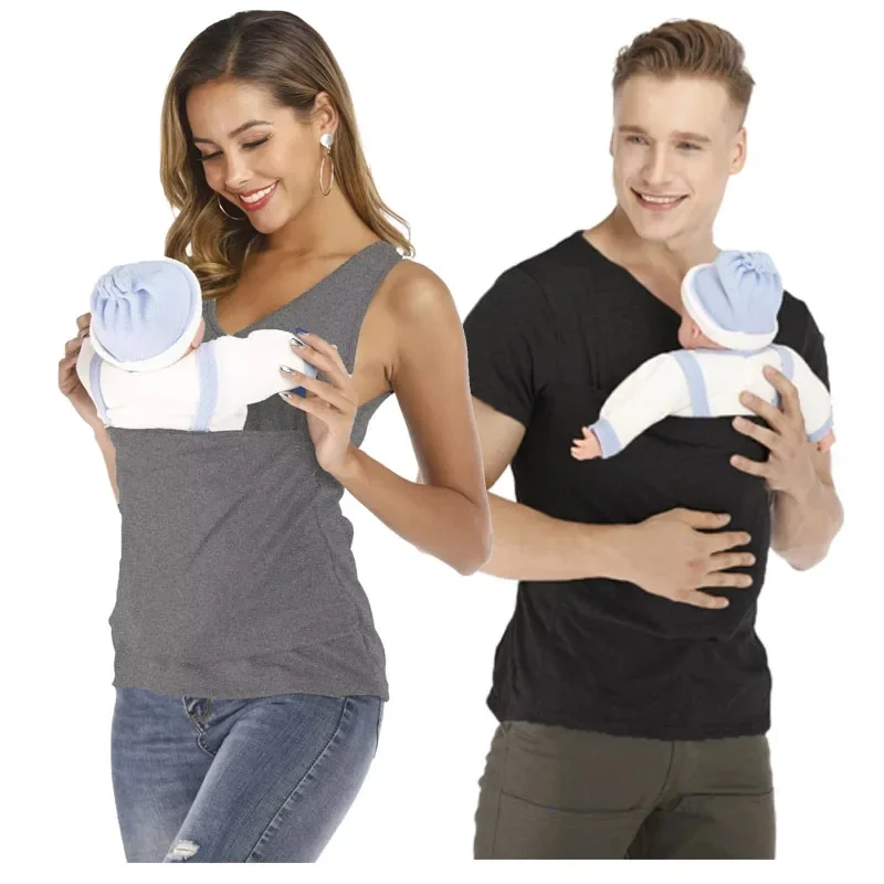 

Kangaroo Safety Pocket T-Shirt Baby Summer Pregnancy Carrier Feeding Nylon Cotton Clothing Father Mother Short Sleeves Tops