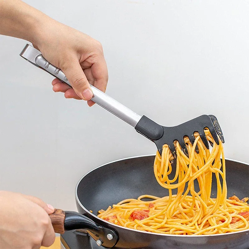 Stainless Steel Multi-functional Food Tongs Noodle Tongs Non-slip Handle Heat-resistant Chuck Easy To Store