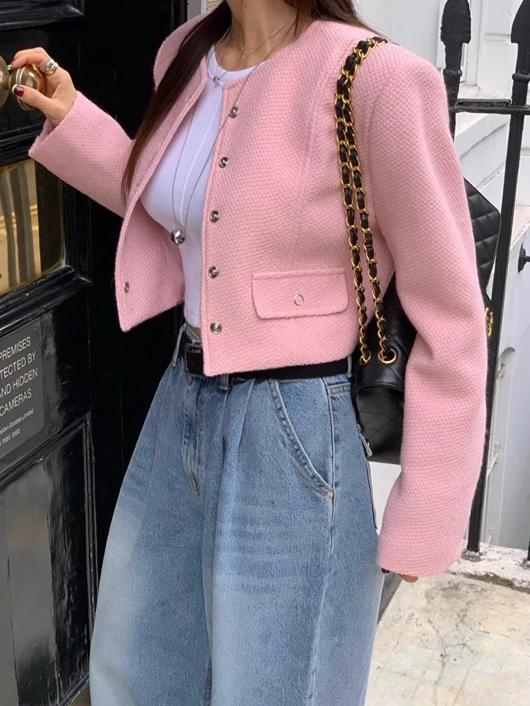 

Chic Autumn New Sle Sweet Temperament round Ne Hidden Button Loose All Match Pure Color ort Length Tweed Jaet for Women