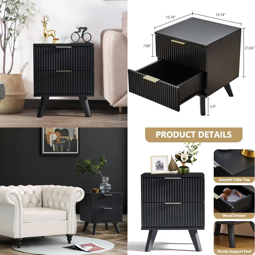 Mesa de cabeceira moderna de meados do século com 2 gavetas, mesa lateral compacta para quarto com design canelado