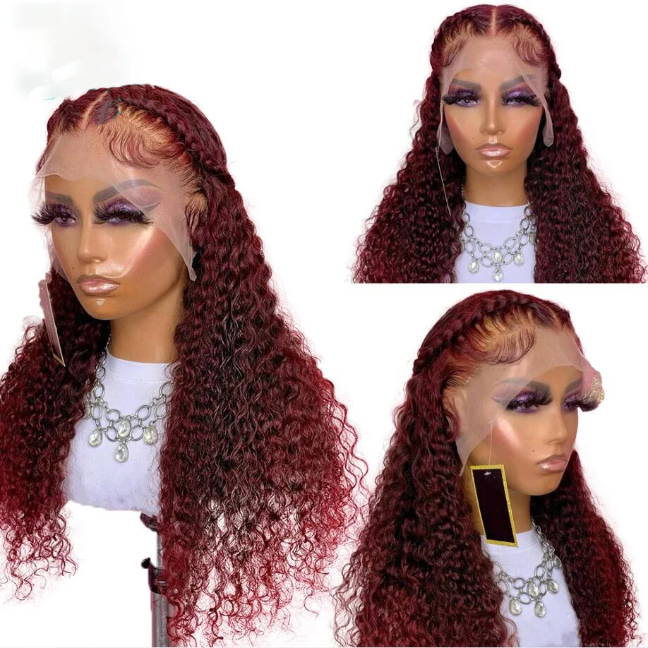 

Burgundy 26inch Deep Part 99j Long Kinky Curly Lace Front Wigs For Women With Baby Hair Glueless Preplucked Daily Wear Wigs