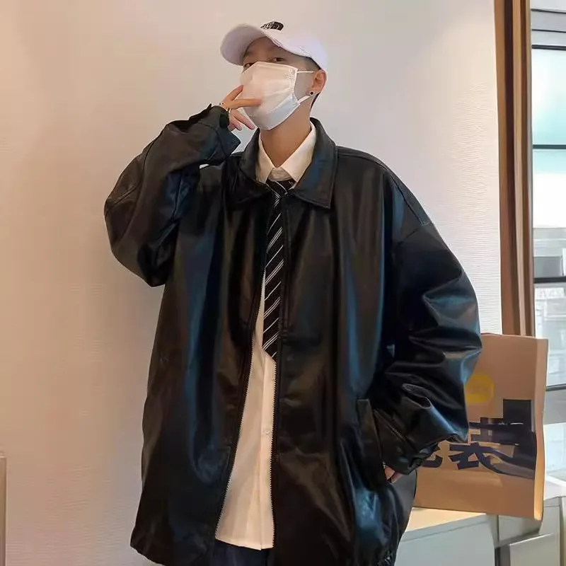 

Весенне-осенняя повседневная куртка из искусственной кожи, мужские свободные топы в стиле ретро с длинными рукавами, однотонные кожаные мужские пальто с лацканами для подростков