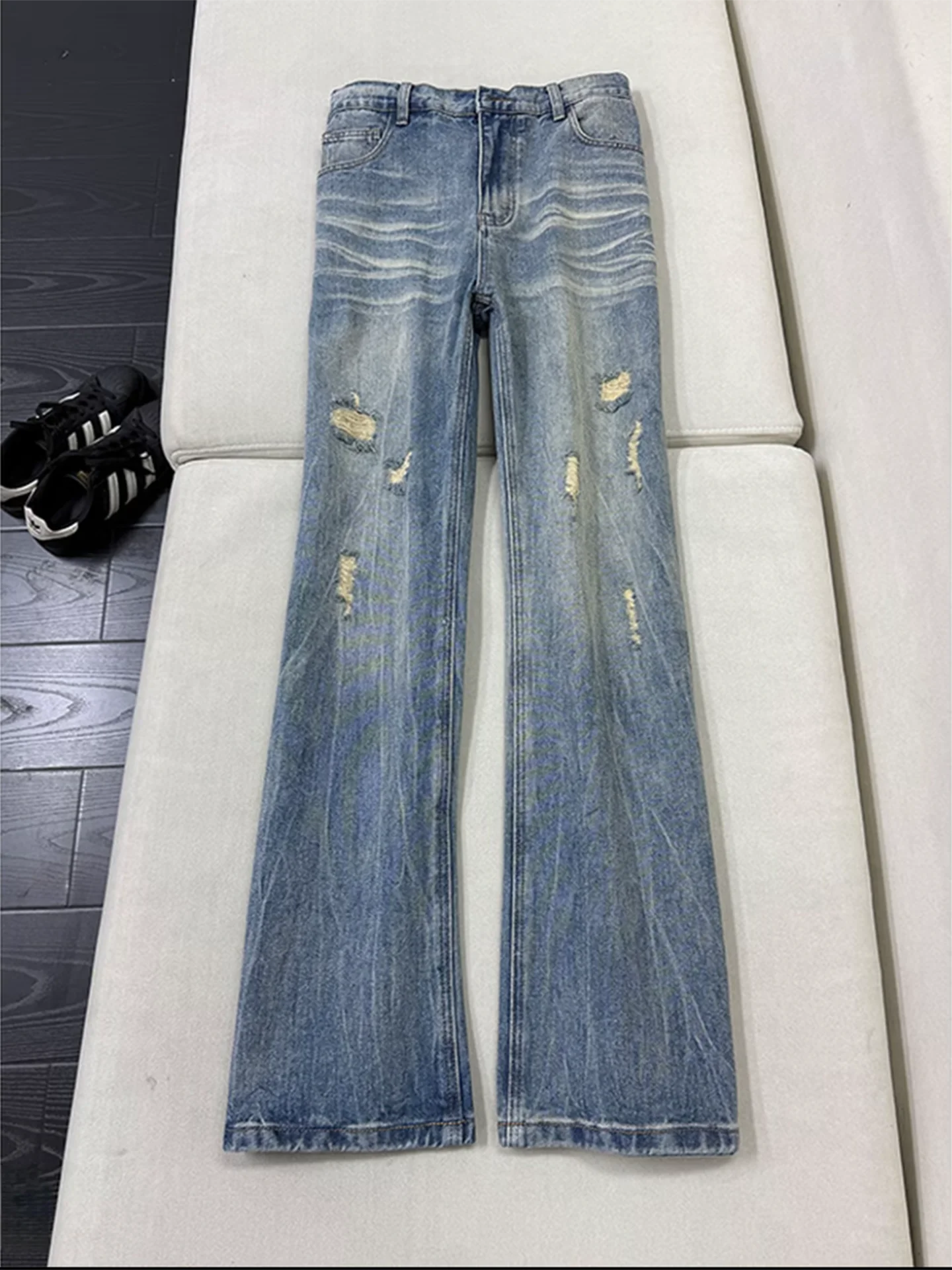 Light Blue Lightning Pattern Destroyed Jeans Men's CleanFit American High Street Straight Blade Tear Pants Youth Casual Wear
