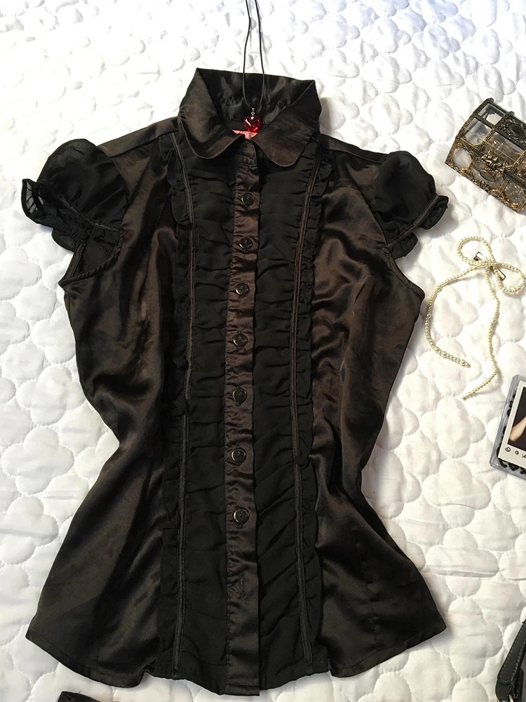 

Original Brown Shirt Waist Cinched Pleated Top Design Vintage Retro Women's Fashion Polyester Fiber Short Sleeve Button Closure