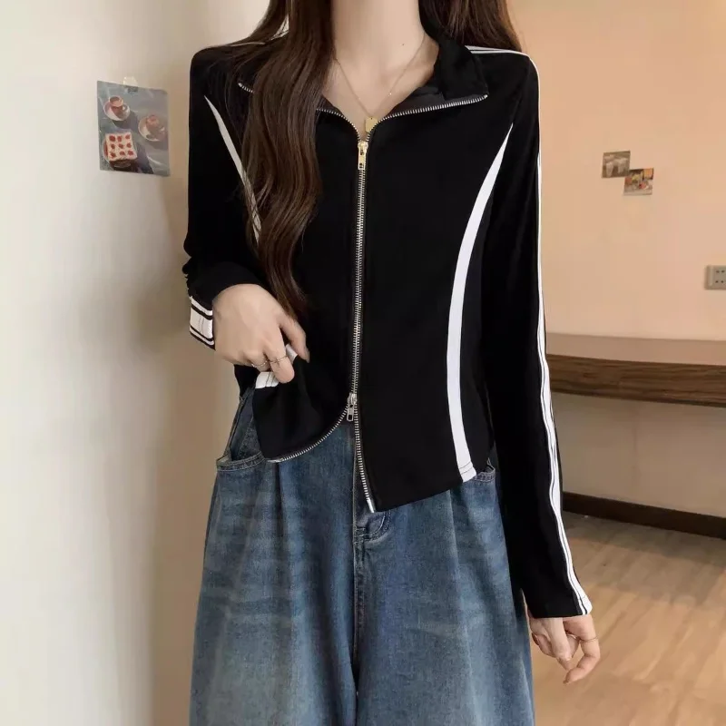 

Women's Contrasting Color Double Zipper Long Sleeve Top Cardigan Women's Autumn Winter Short Thin Jacket