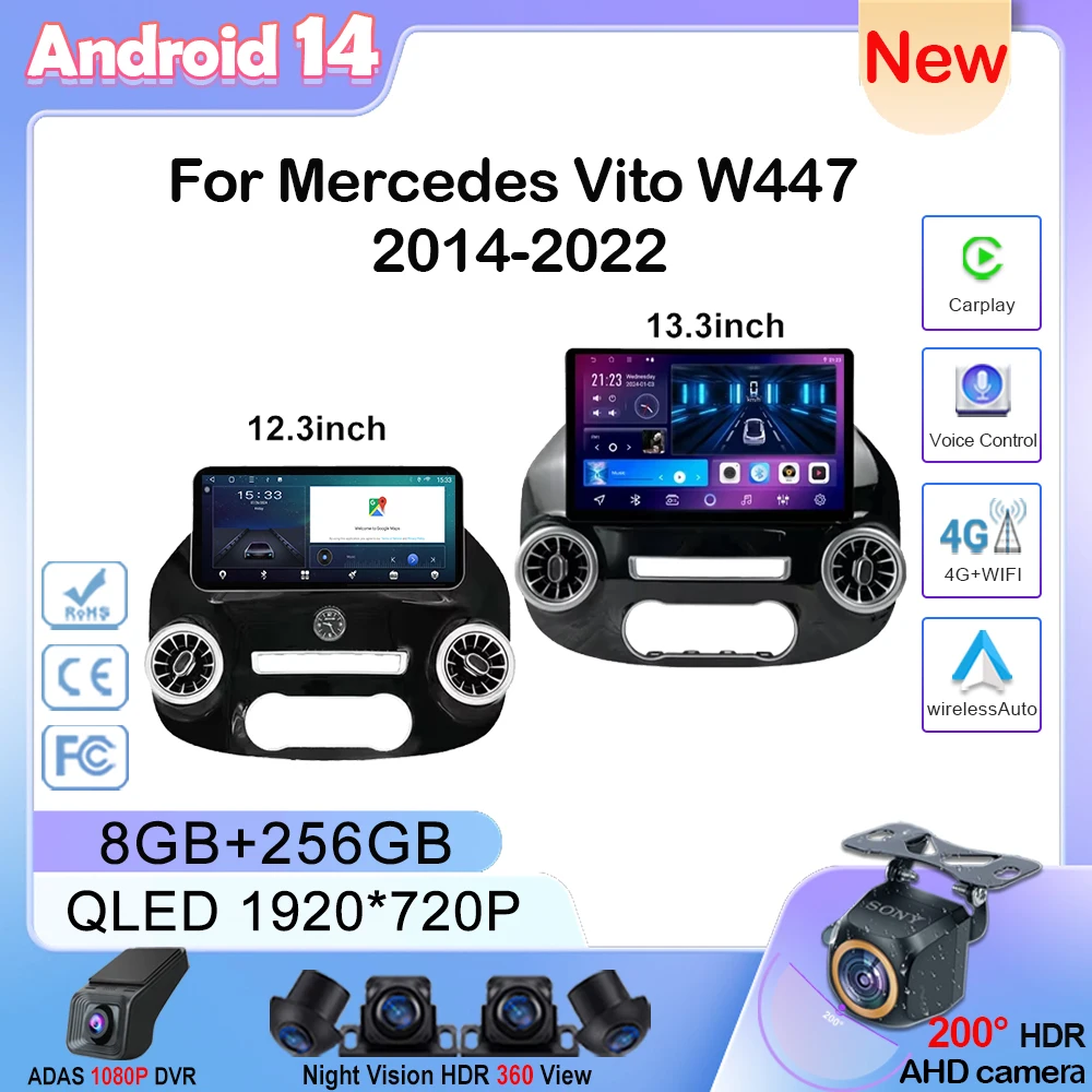 13 Inch Android 13 For Mercedes Vito W447 2014-2022 Car Radio 5G wifi Multimedia Video Player GPS Navigation 1920*1200P HDR QLED