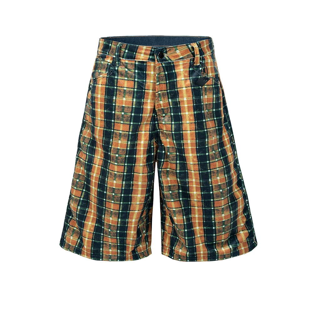 

Double Layer Denim Fabric Plaid Patchwork Mens Cargo Shorts Streetwear Wide Leg Baggy Casual Over Knee Shorts Oversized