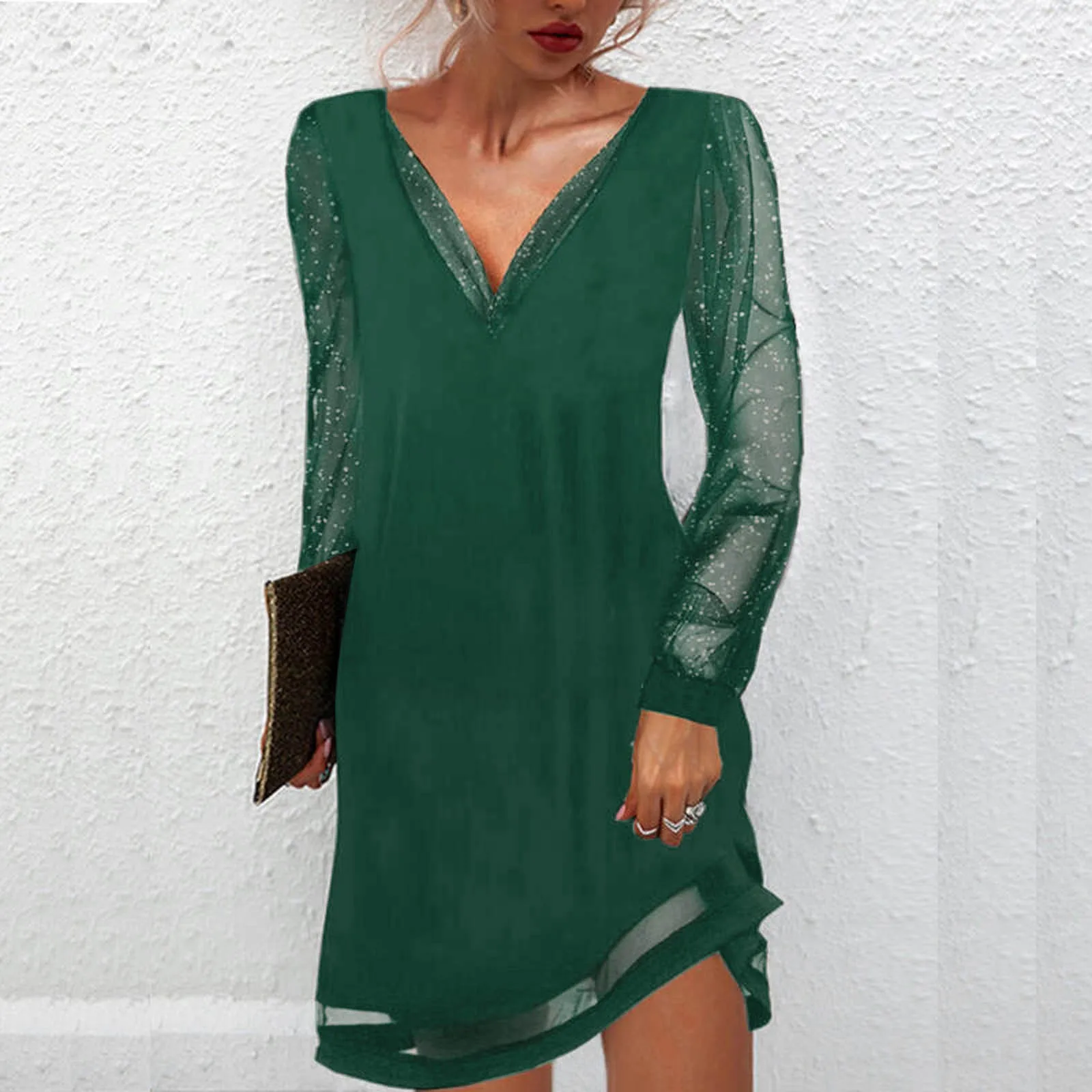 

Women Fashion Dress Solid Lace Splice Long Sleeve Dresses Plain Ruffle Loose V-Neck Pullover Mini Dress Casual Party Dress