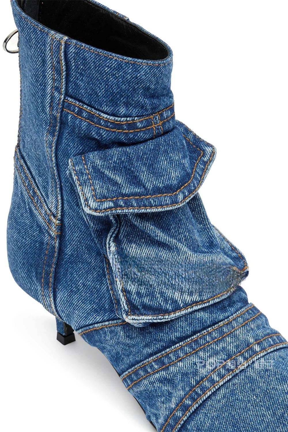Denim Pointed Toe Pocket Mid-Calf Women Boots Stiletto Middle Heels Back Zipper Design Large Size Fashion Lady Shoes