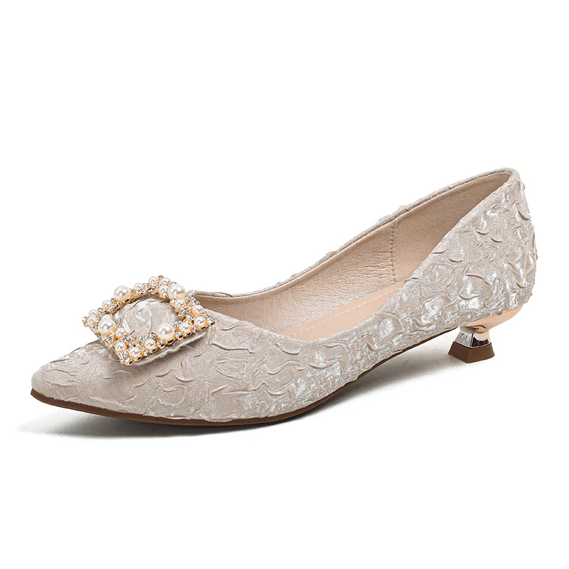Ivory Textured Satin Pointed Toe Kitten Heel Pumps With Pearl Rhinestone Buckle Elegant Dress Shoes For Office Work Wedding view 6