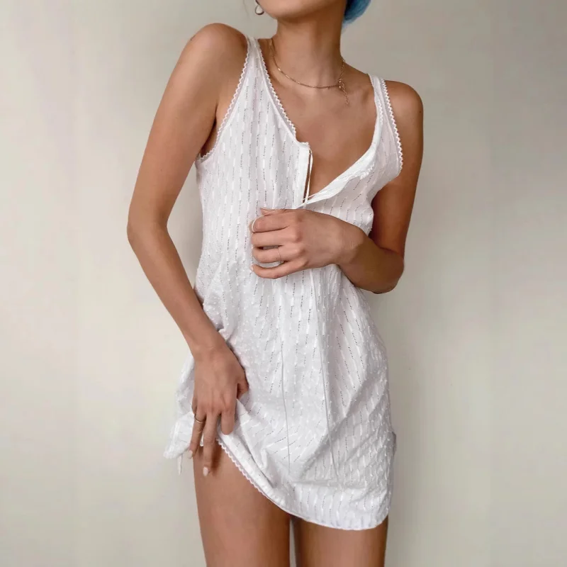 

White Hollow Sexy Hot Girl Dress2025Summer Fashion Short Skirt Women's WearVSleeveless Strap Dress