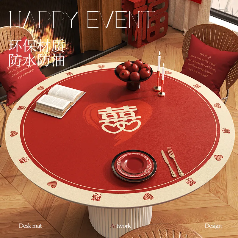 

Oil-Proof Red Leather Table Cover Tea Table Cloth Waterproof Chinese Style Dining Placemat Round Table Mat Wedding Party Decor