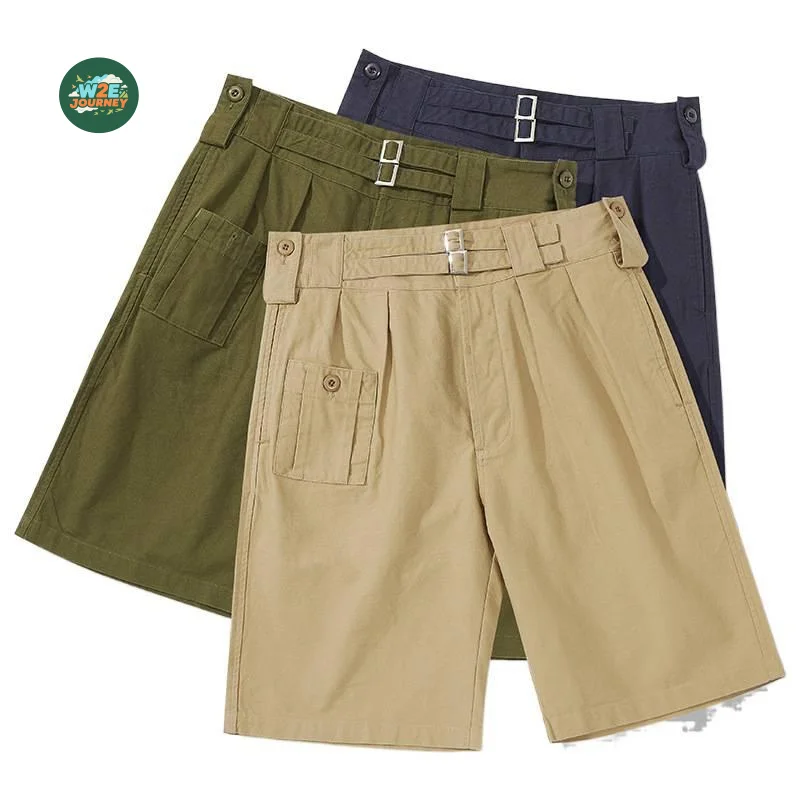 W2EJOURNEY Luxury Quality EU US Size Work Shorts Outdoor Vintage British Double Buckle Men'S Loose Bermuda Shorts
