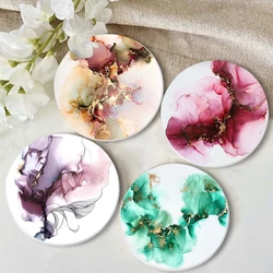 Abstract Art Coasters for Drinks Tabletop Protection Teal Watercolor Round Enamel Coasters Set with Cork Base Housewarming Gift