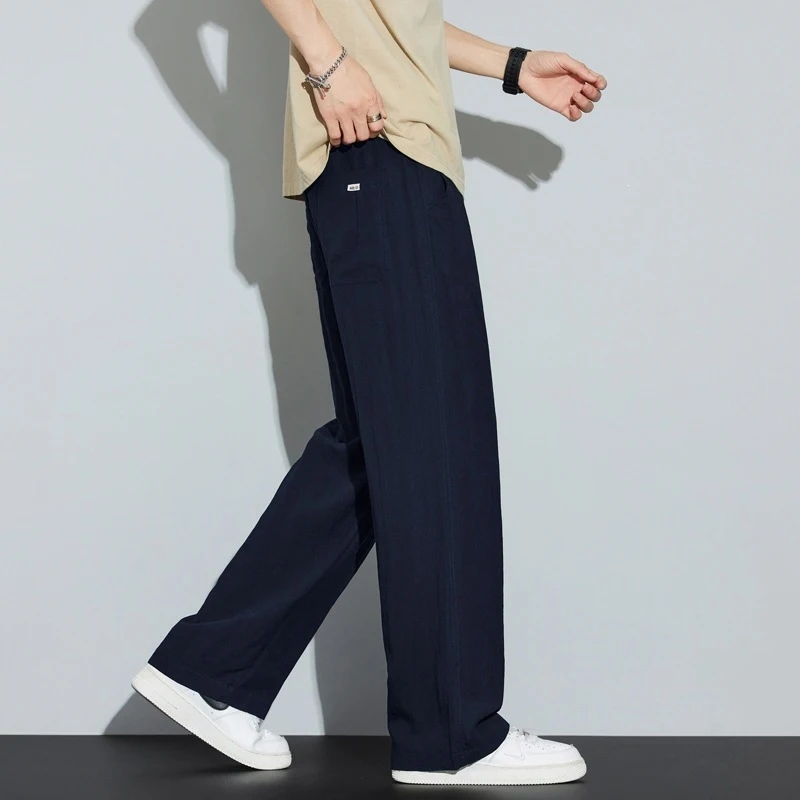 Men's Summer Linen Ice Silk Straight Leg Pants Loose Wide Leg Floor-Length Quick Dry Cooling High Street Style