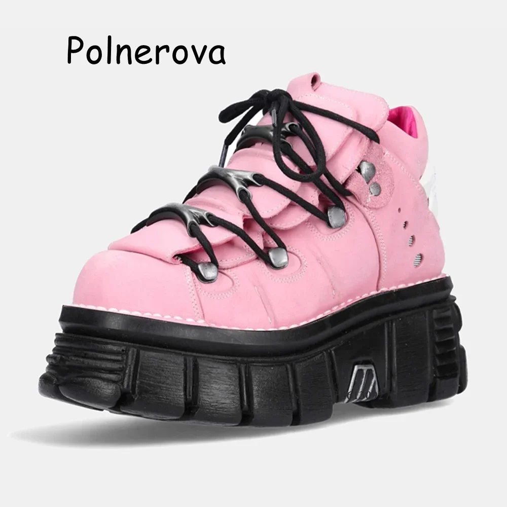 أسود وردي سميكة سوليد حذاء من الجلد عبر تعادل المرأة ريترو الربيع هوتي ديكور معدني الارتفاع زيادة دراجة نارية فاسق مضخات #2