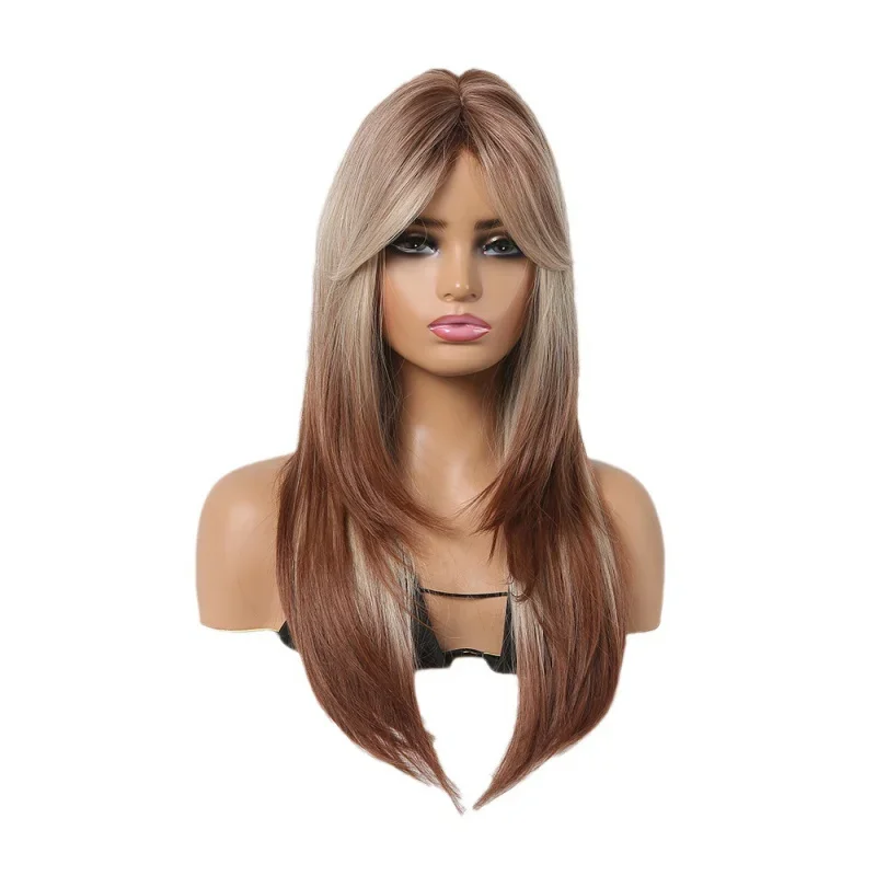 

qwerrtyuio. 123456 Cosplay Wig Female Gradient Brown 60cm Long Curly Hair Eight-Character Bangs Mid-Point TikTok Cheasdffghjk 98